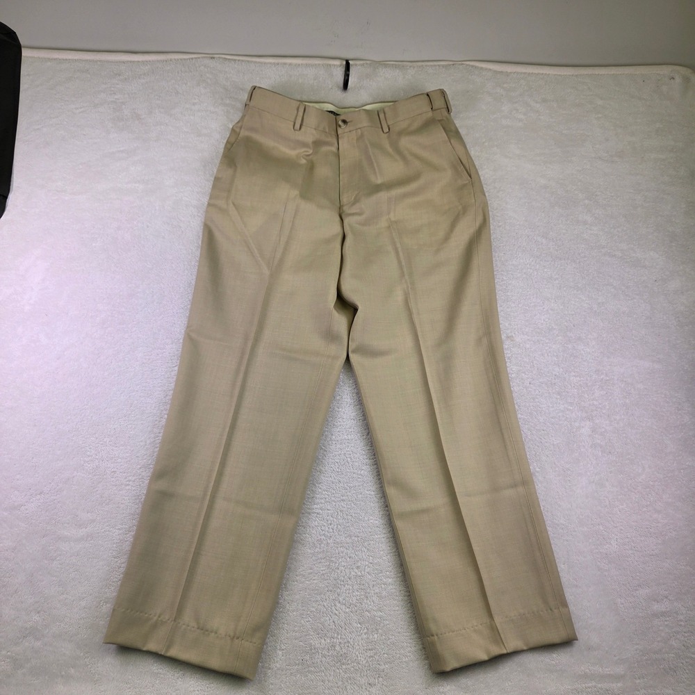 LL Bean Comfort Waist Mens 35W Tan 100% Wool Flat Front Dress Pants 285312
